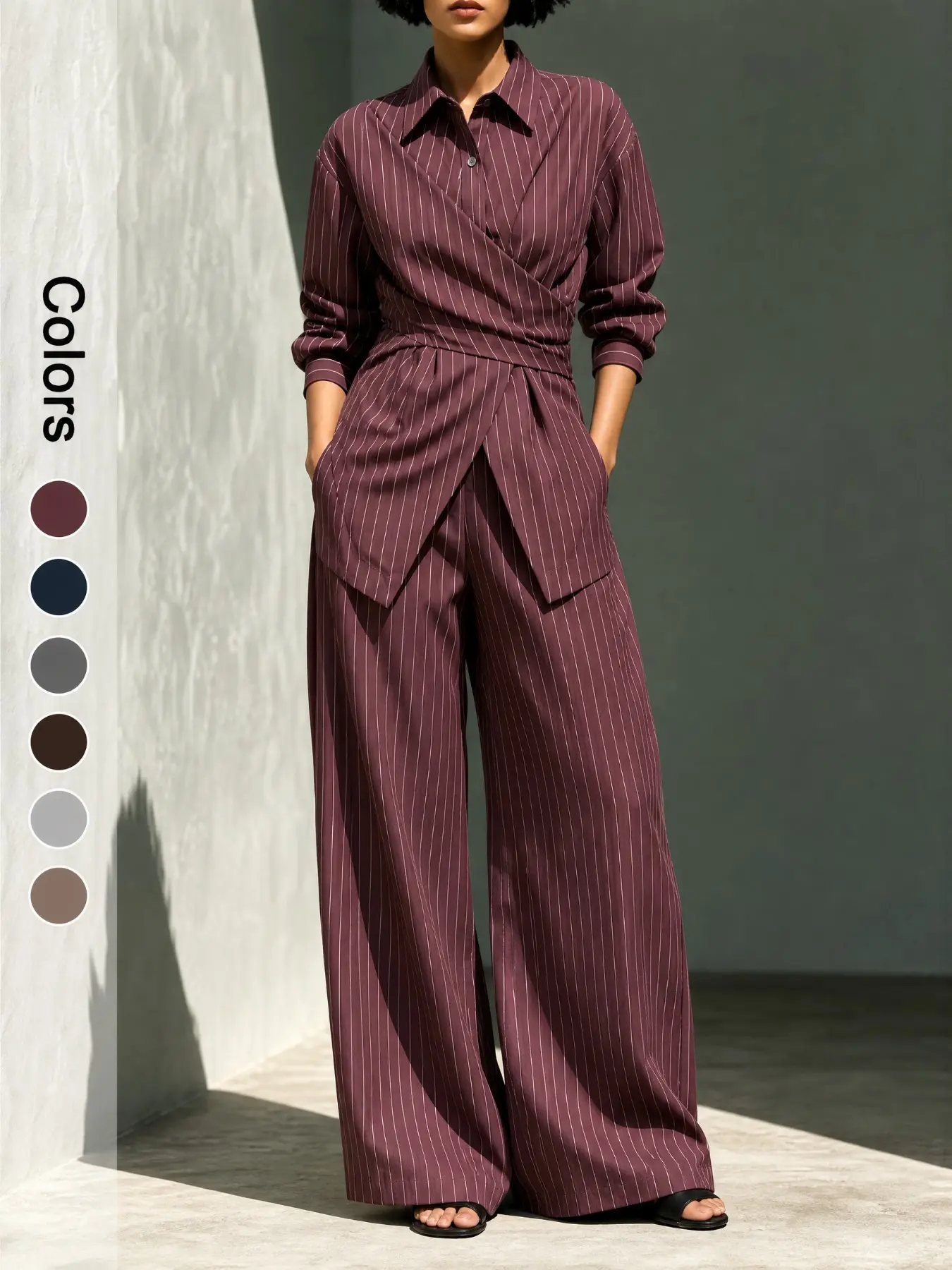 Women Elegant Lapel Long Sleeve Striped Dressy Casual Jumpsuit Waist Cinched Slim Fit One Piece Outfit Perfect For Office Daily Commute Business Casual Workwear