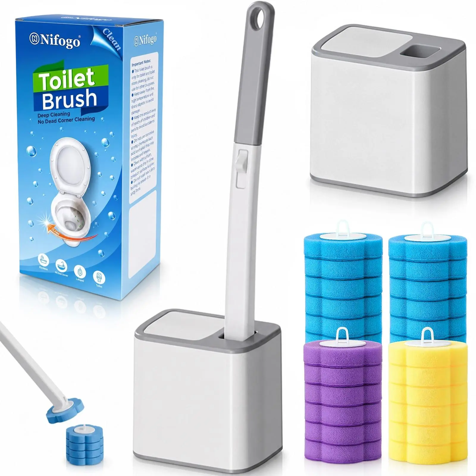 Nifogo Disposable Toilet Cleaner Brush Set with White Wall-Mount Base - ABS Durable 15.7" Handle Wand, Antiseptic Blue Detergent Pads, Multi-Scent House Cleaning Tools for Daily Bathroom Deep Clean