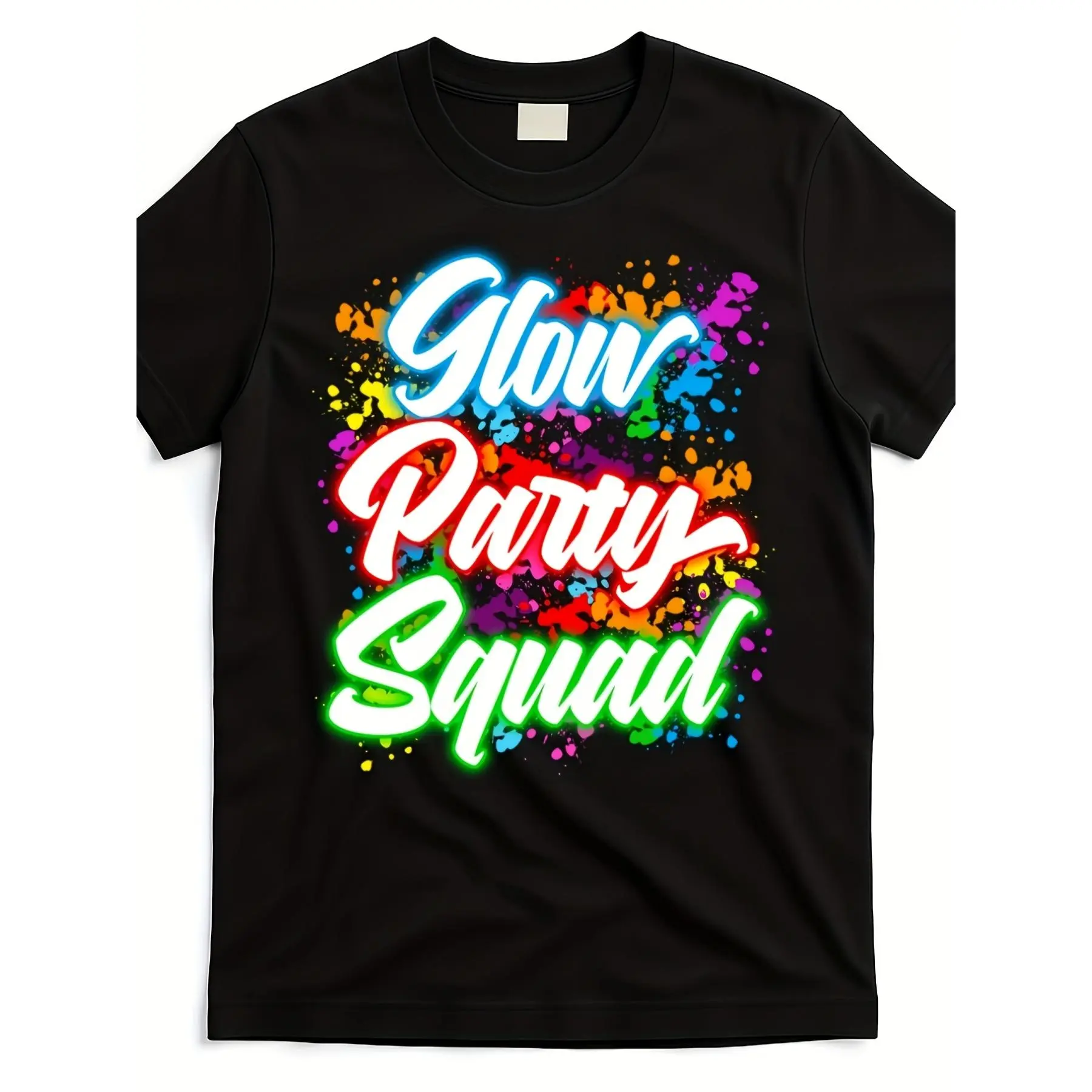 [100% Cotton] 100% Cotton Men's Unisex's Glow Party Squad Neon Graphic TShirt Sm Heavyweight Pure Retro GlowintheDark Print with Neon Green Pink Lettering AllSeason Casual Glow Events Unisex Adult RoundRetro Casual Short-sleeved T-shirt with a Round Neck