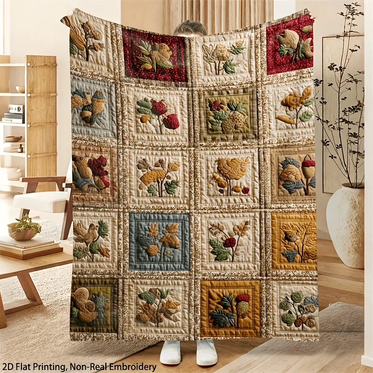 1PC Vintage Patchwork Embroidered Squirrel Acorn Flannel Blanket, Quilted Grid Forest Nut Berry Retro Country Print Soft Throw Blanket, Rustic Fall Nature Lover Nap Cover For Sofa Office, All Season Farmhouse Autumn Decor Bed Throw