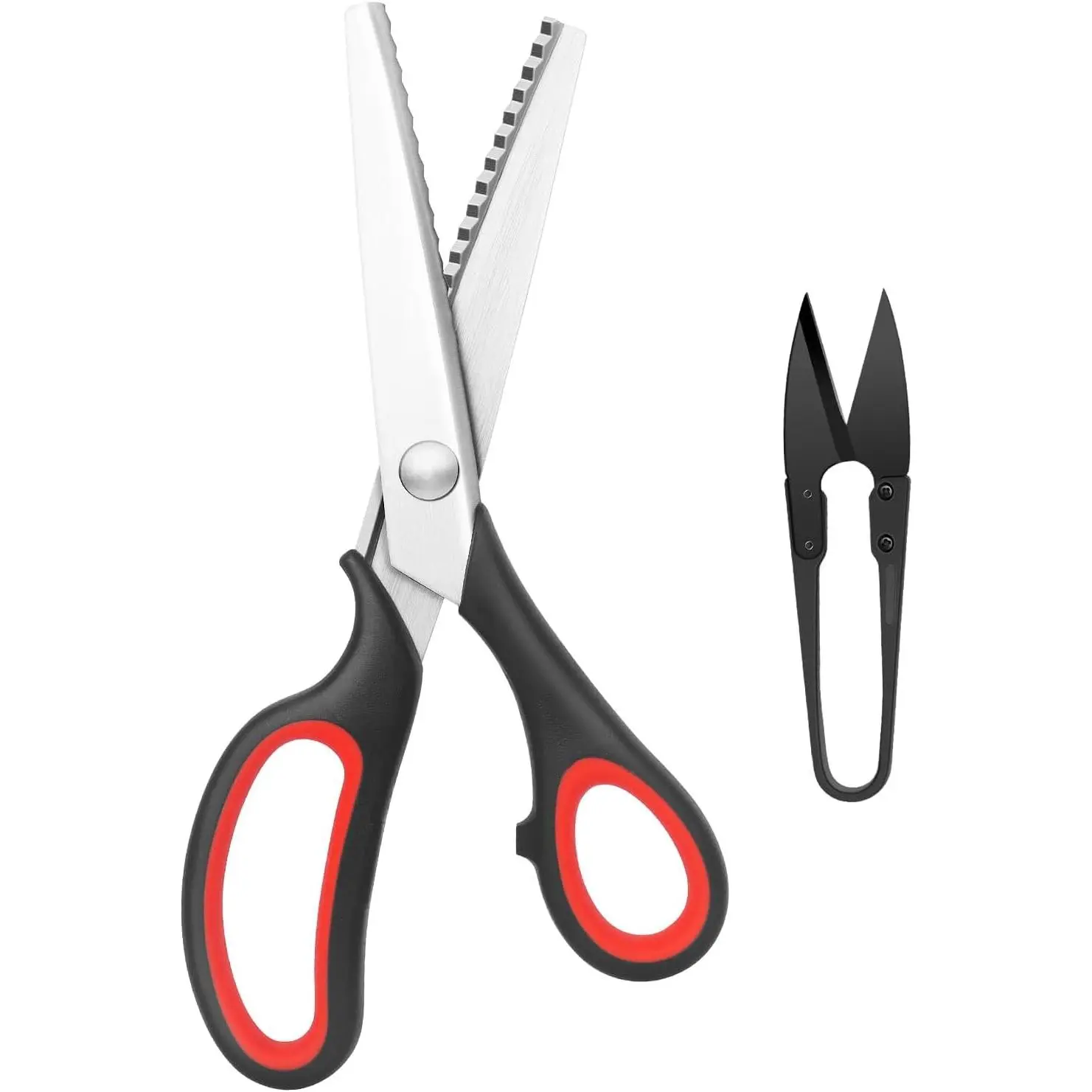 Pinking Shears & Thread Snip Set, 10" Professional Stainless Steel Sewing Scissors with Zigzag Edge for Fabric Cutting & Crafting (Black & Red)