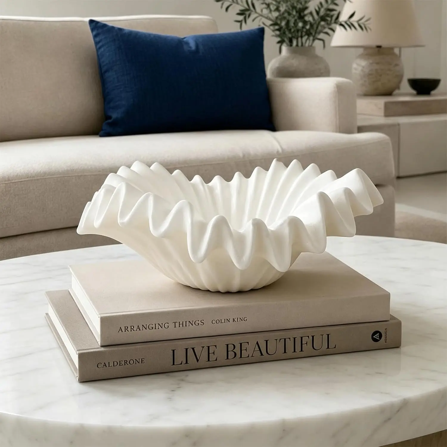 12-Inch Resin Ruffle Decorative Bowl - Art Deco Minimalist Home Decor, Entryway Key Holder, Dining Table Centerpiece Gift for Modern Living Spaces