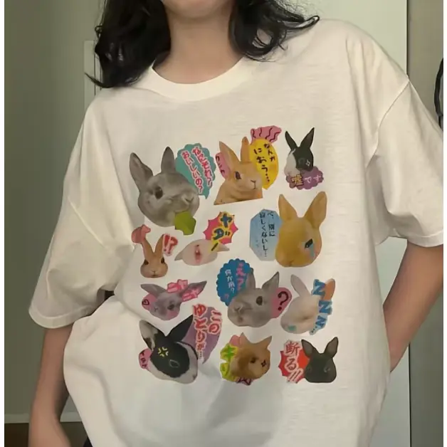 Oversized Fashion Comfort Graphic Outfit, Cute Japanese Meme Bunny Cotton T Shirt, Cartoon Rabbit Graphic Tee, Ideal Valentine Gift, Best Holiday Present For Him Her Friends Family
