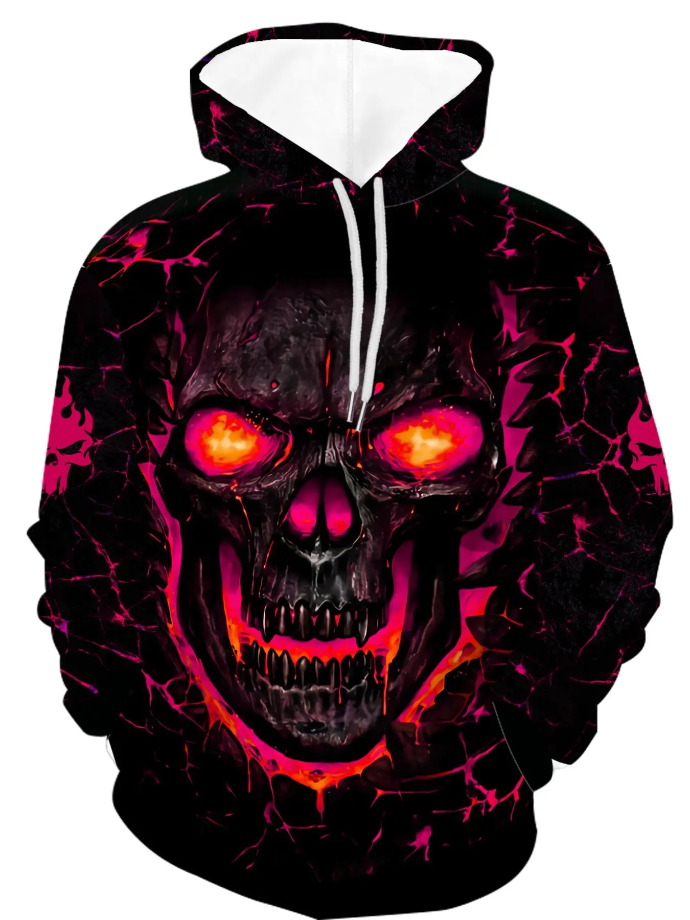 Magmatic Flame Skull 3D Printed Hoodie for Men Dark Punk Lava Crack Pattern Loose Fit Casual Streetwear Glow Fire Skull Halloween Atmosphere Sweatshirt