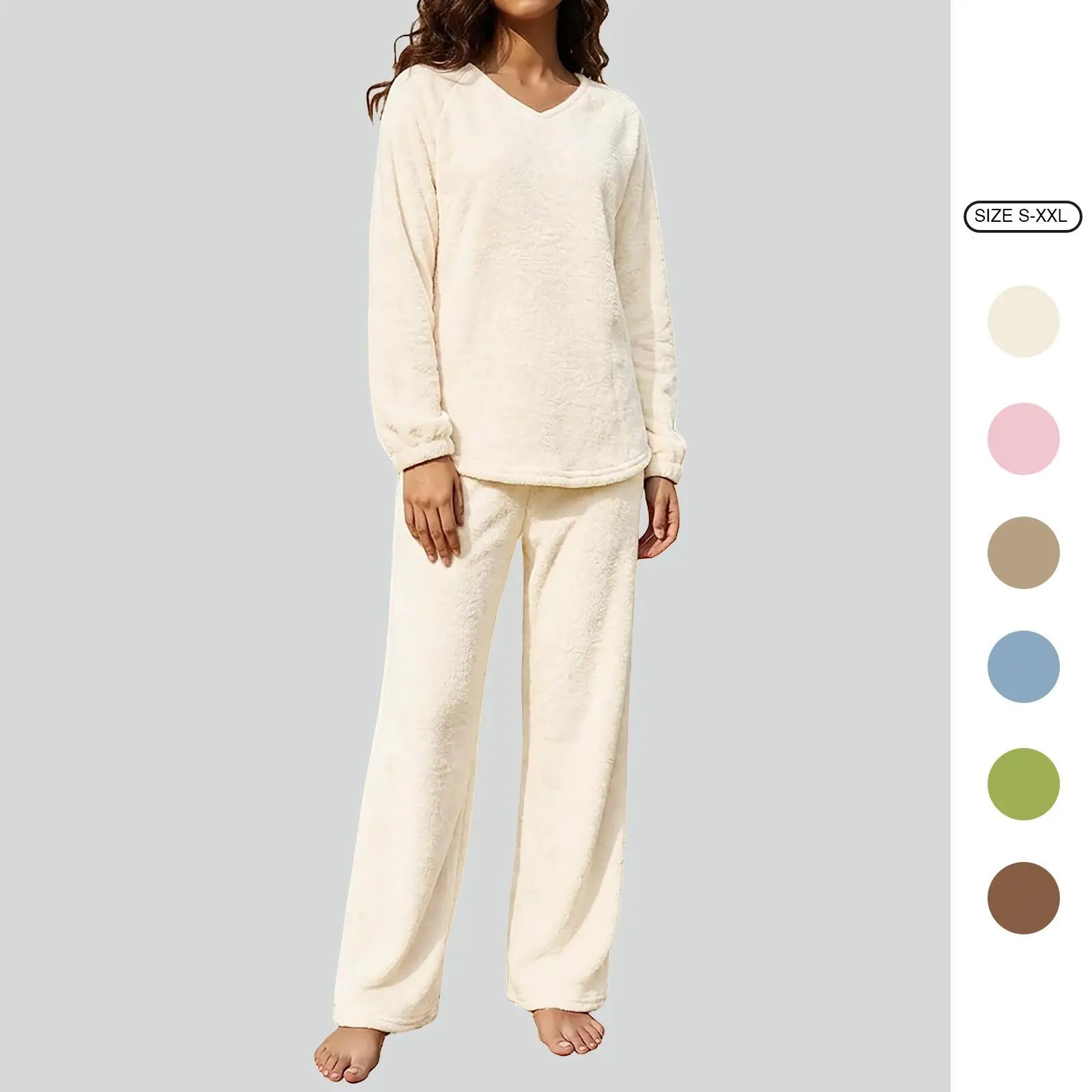 Women's Cozy Fleece Loungewear Set, Chic 2-Piece Pajama Outfit with V-Neck Pullover and Loose-Fitting Wide Leg Pants, Light, Machine Washable, Plus Size, No Scratchy Texture, Long Sleeve, Casual, Thick, Slim, Minimalist, Nightwear