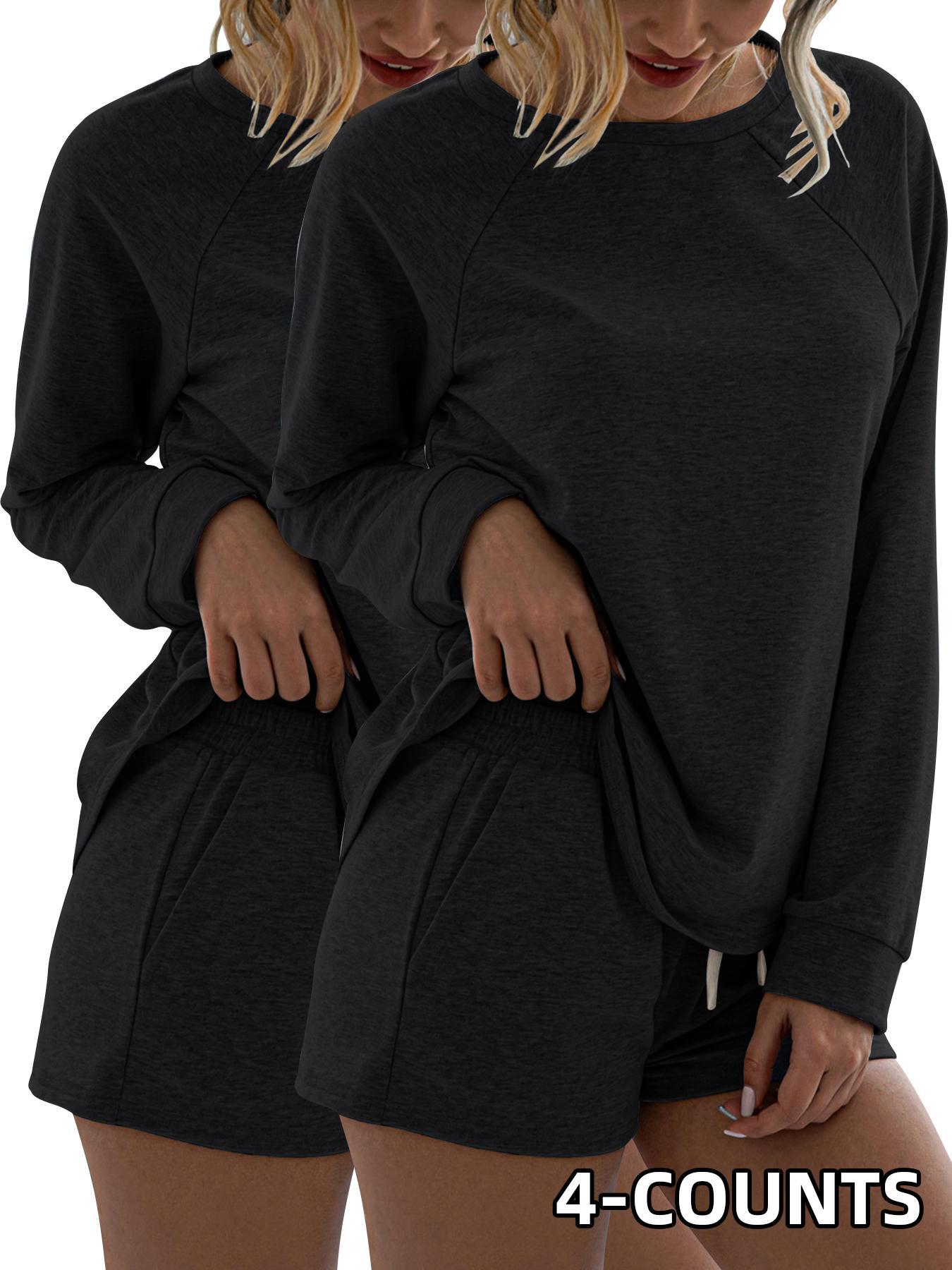 Women's Solid Tee & Drawstring Waist Shorts Set, Casual Sporty Round Neck Long Sleeve Top & Pocket Design Shorts, Ladies Sportswear for Indoor Outdoor Wear