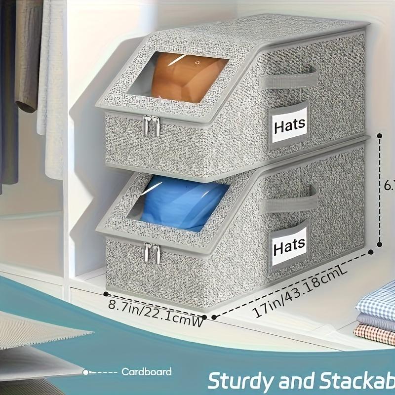 Stackable Baseball Cap Storage Box 2-Pack, Hat Organizer with Clear Window, Large Capacity Hat Storage Bin for Baseball Caps, Socks, Underwear & Toys, Sturdy Cardboard Closet Organizer, Unisex, Classic Gray