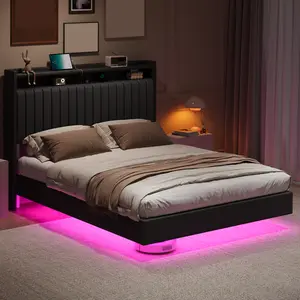 PU Floating wooden cool Bed Frame, 50'' H Upholstered modern Platform Bed Frame, with Storage tall Headboard, with LED Lights & Charging Station, No Box Spring Needed， soft plush fabric, heavy duty metal slat, sturdy structure, black summervibes， type c