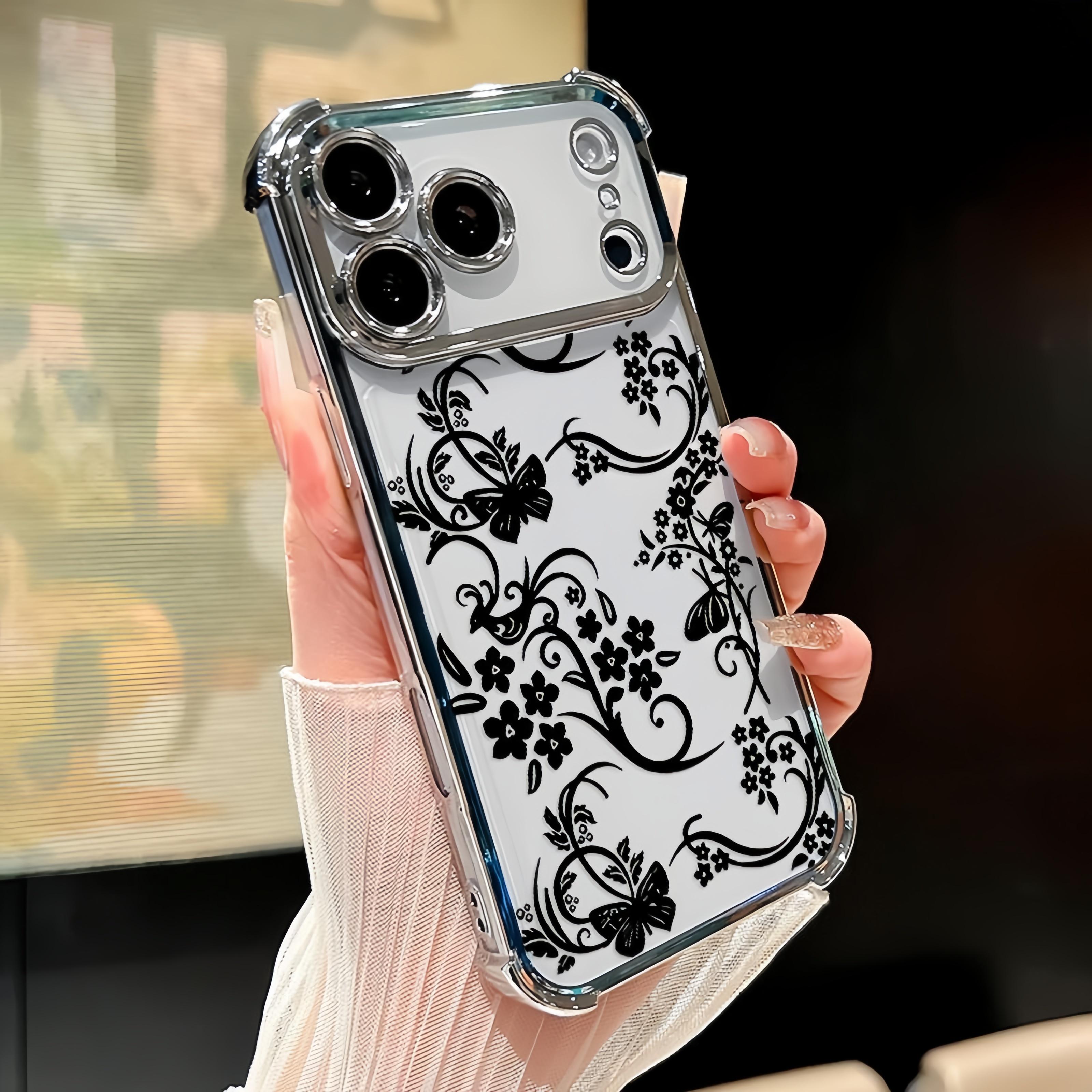 Elegant Floral Vines Pattern Four Corner Anti-Fall Phone Case Transparent Electroplated Protective Cover for iPhone 17 Pro Max Air 16 15 Plus 14 13 12 11 E Slim Lightweight TPU Case with Full Lens Protection