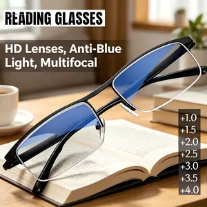 Progressive Multifocal Reading Glasses 2in1 Lightweight Metal Semi Rimless Square Blue Blocking HD Lenses for Daily Presbyopia Office Computer 3 Colors +100D to +400D Degrees Available safety eye strain relief