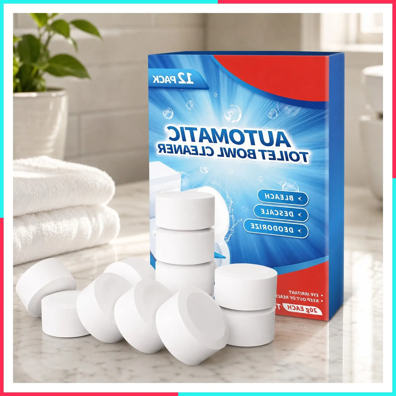 Toilet Bowl Cleaner Tablets 12 Pack, Automatic Toilet Bowl Cleaners with Bleach for Deodorizing & Descaling, Bathroom Cleaner Against Tough Stains, Prevents Stains, Easy to Use