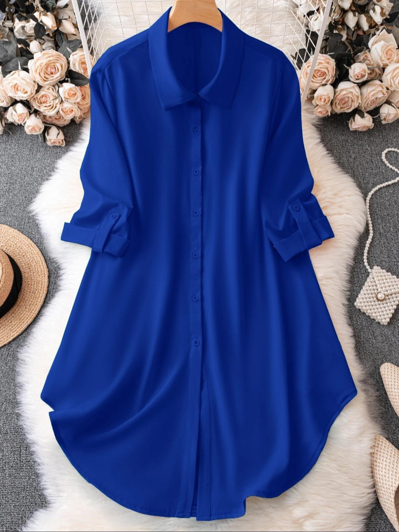 Plus-Size Solid Long Sleeve Button Front Shirt, Casual Collared Top for Spring & Fall, Women's Clothes for Daily Wear