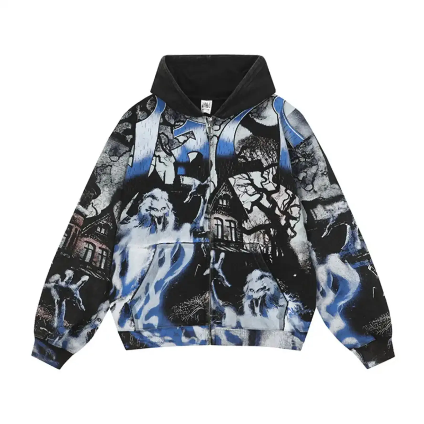 VALE Blue Ghost Flame Haunted House Full Print Vintage Washed Zip Up Hoodie 100% Cotton Loose Oversized Y2K Gothic Sweatshirt Autumn Winter Streetwear Jacket Top Unisex