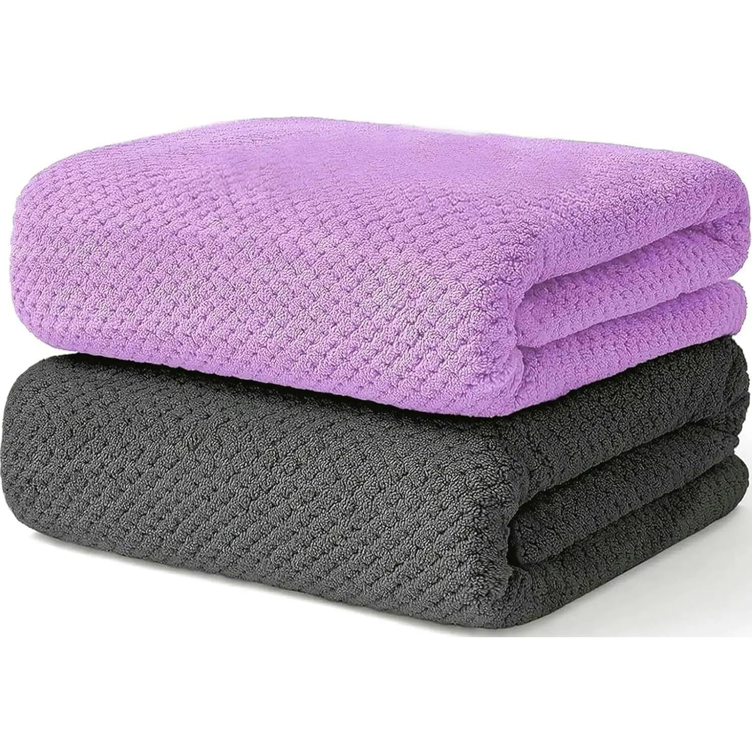 2 Pack Bath Towel Set, Waffle Bath Towel Set, Super Soft Highly Absorbent, Sturdy Quick Drying Towels for Bathroom, Gym, SPA, Yoga (2 Piece 27" x 55", 1Grey+1Purple)