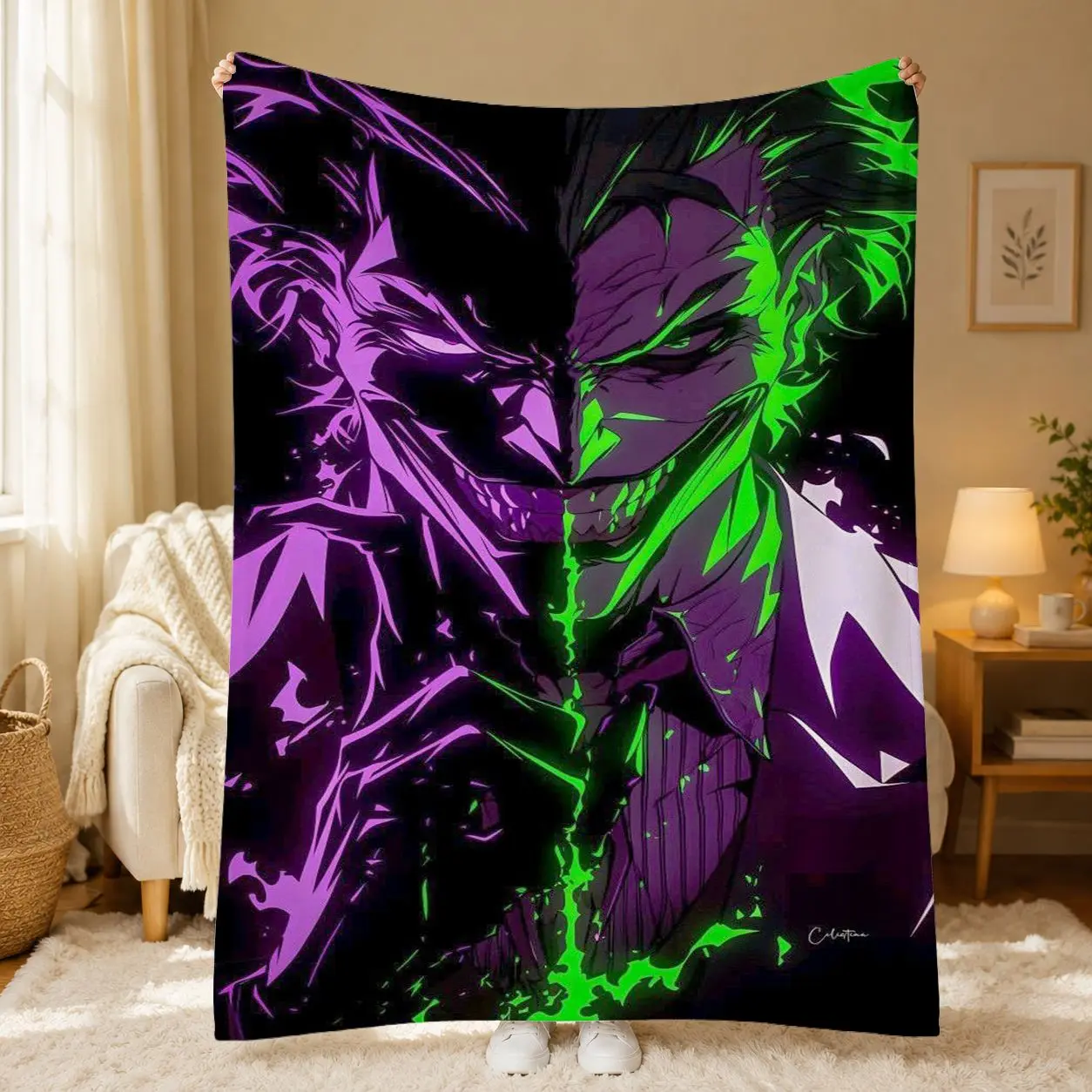 Joker Purple Green Flannel Fleece Blanket, Dark Comic Villain Graphic Throw for Couch Bed Sofa, Soft Cozy Lightweight All Season Home Decor, Gothic Bedroom Gaming Room Dorm Movie Night Reading Nap Travel Birthday Holiday Gift for Men Women Teens Fans