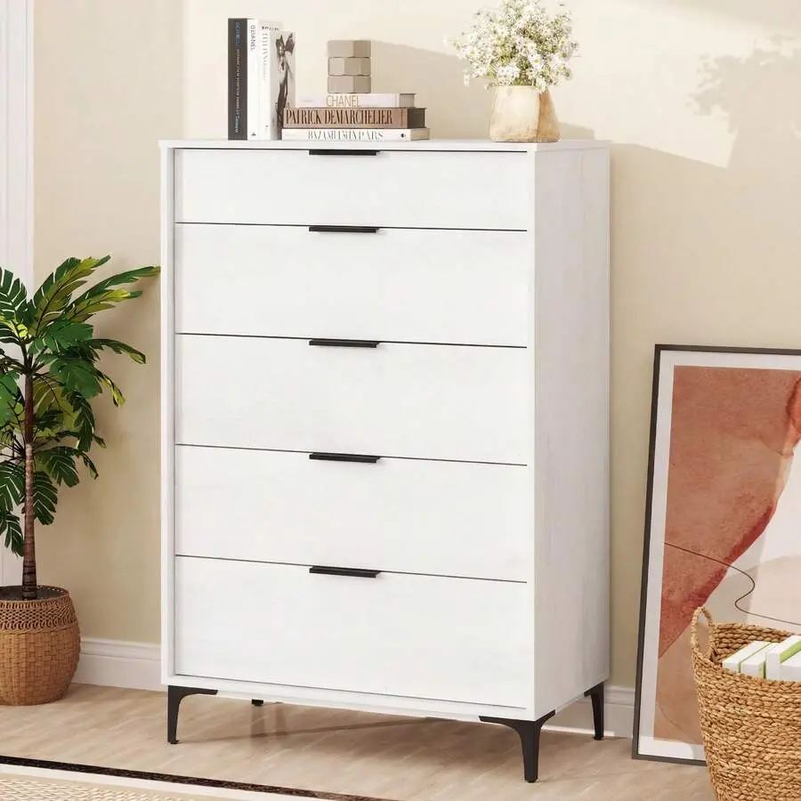 Freestanding 5-Drawer Dresser - Single Unit Indoor Furniture Cupboard with Sturdy Metal Legs, Interlock System for Bedroom, Rectangular