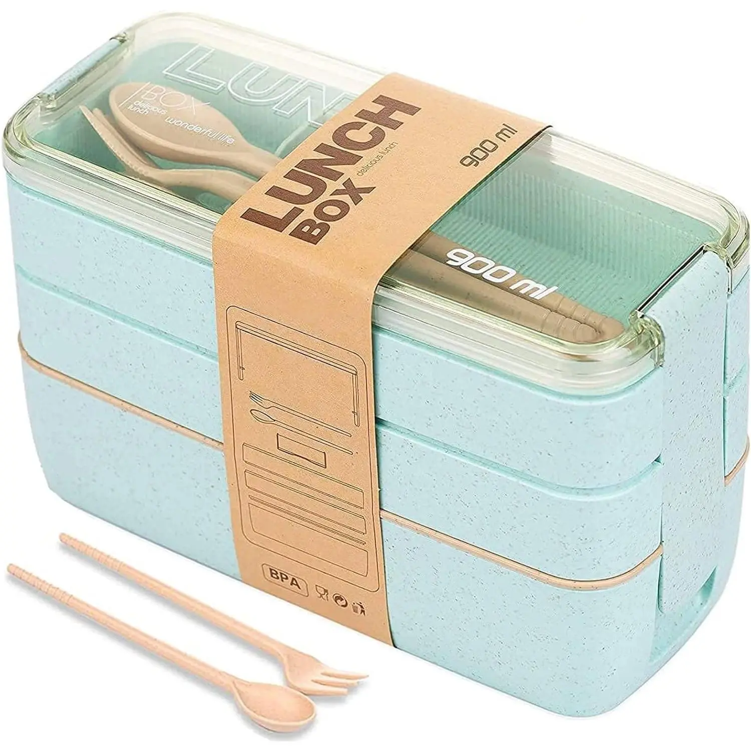Green Stackable Airtight Bento Lunch Box Set, 3-In-1 Compartment Wheat Straw Lunch Containers with Cover, Tray, Fork & Tableware for On-the-Go Meals & Snacks
