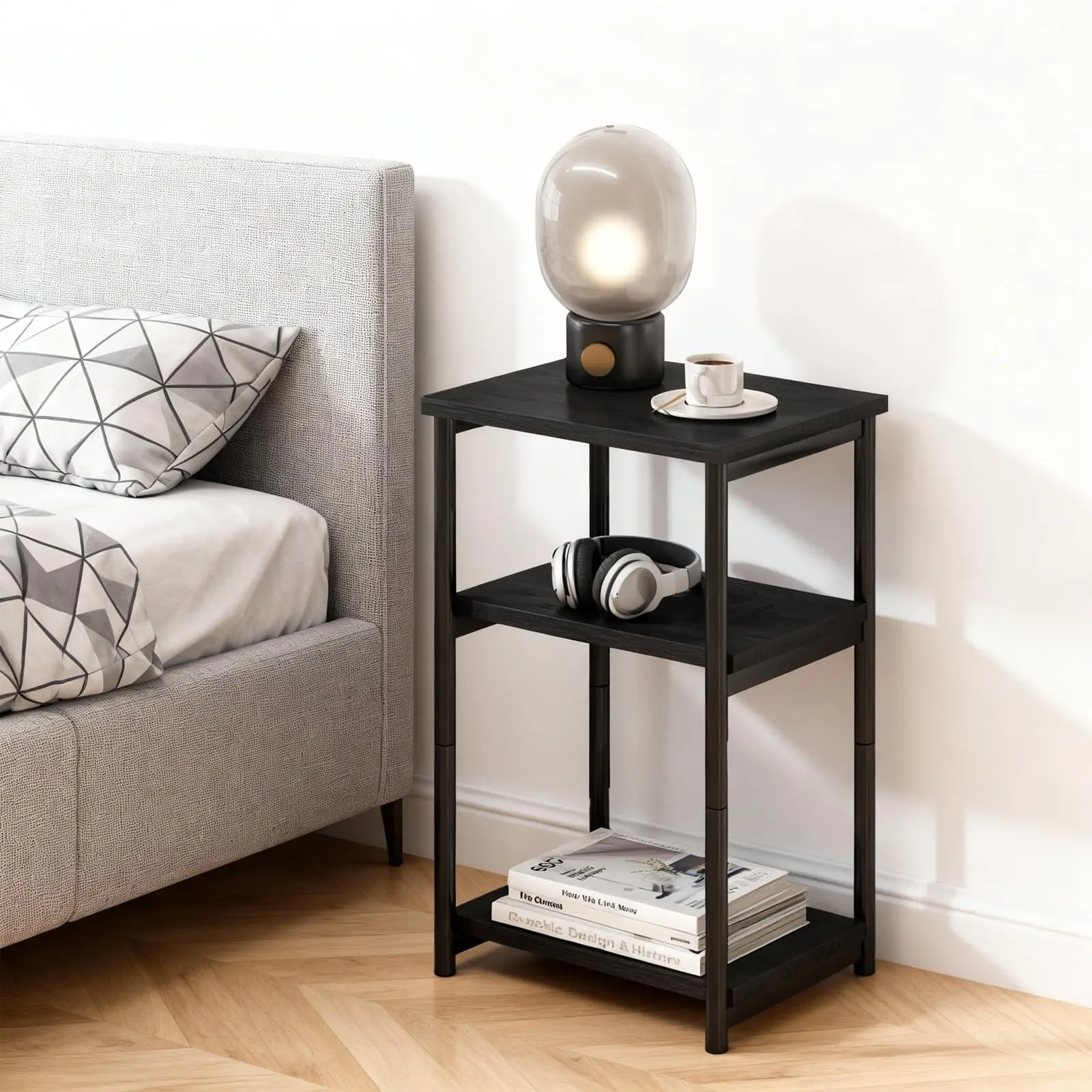 Garvee side table with 3 tiers, tall side table with storage, telephone tables with metal frame, small bedside table for small spaces, for living room, bedroom, sofa, couch, hallway, simple