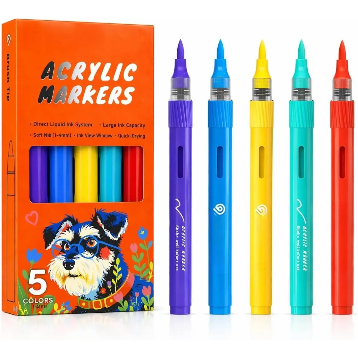 Markers, Brush Tip Water-Based Automatic Ink Control  Pens for Rock Painting, Canvas, , Glass &  (Utility Pack-5ct)