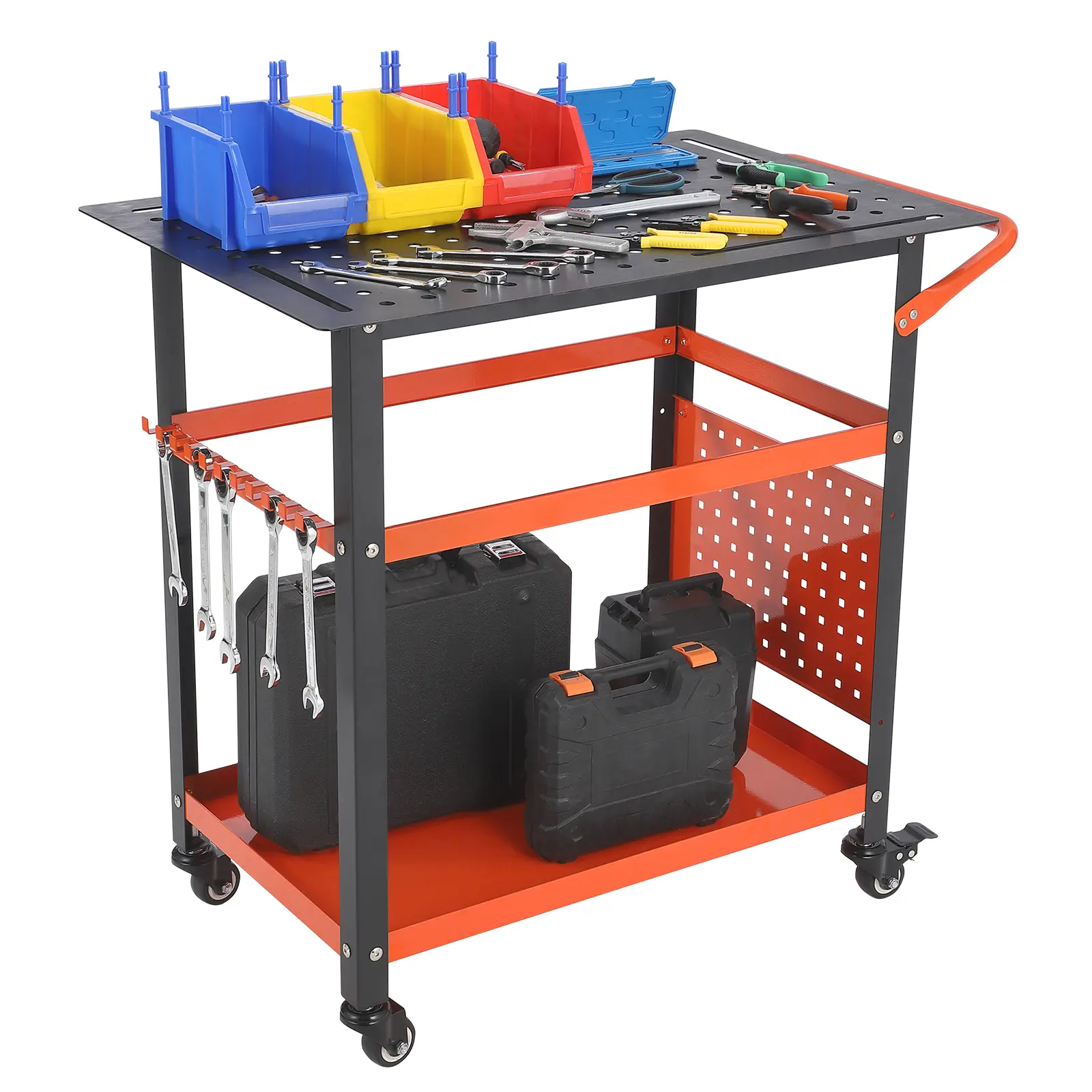 Heavy-Duty 1200 lb Rolling Workbench with 36x24 in 3-Tier Steel Frame, 3-Tier Table, Rubber Wood Top, Pegboard Slots, Tool Slots, Wheel Mobility