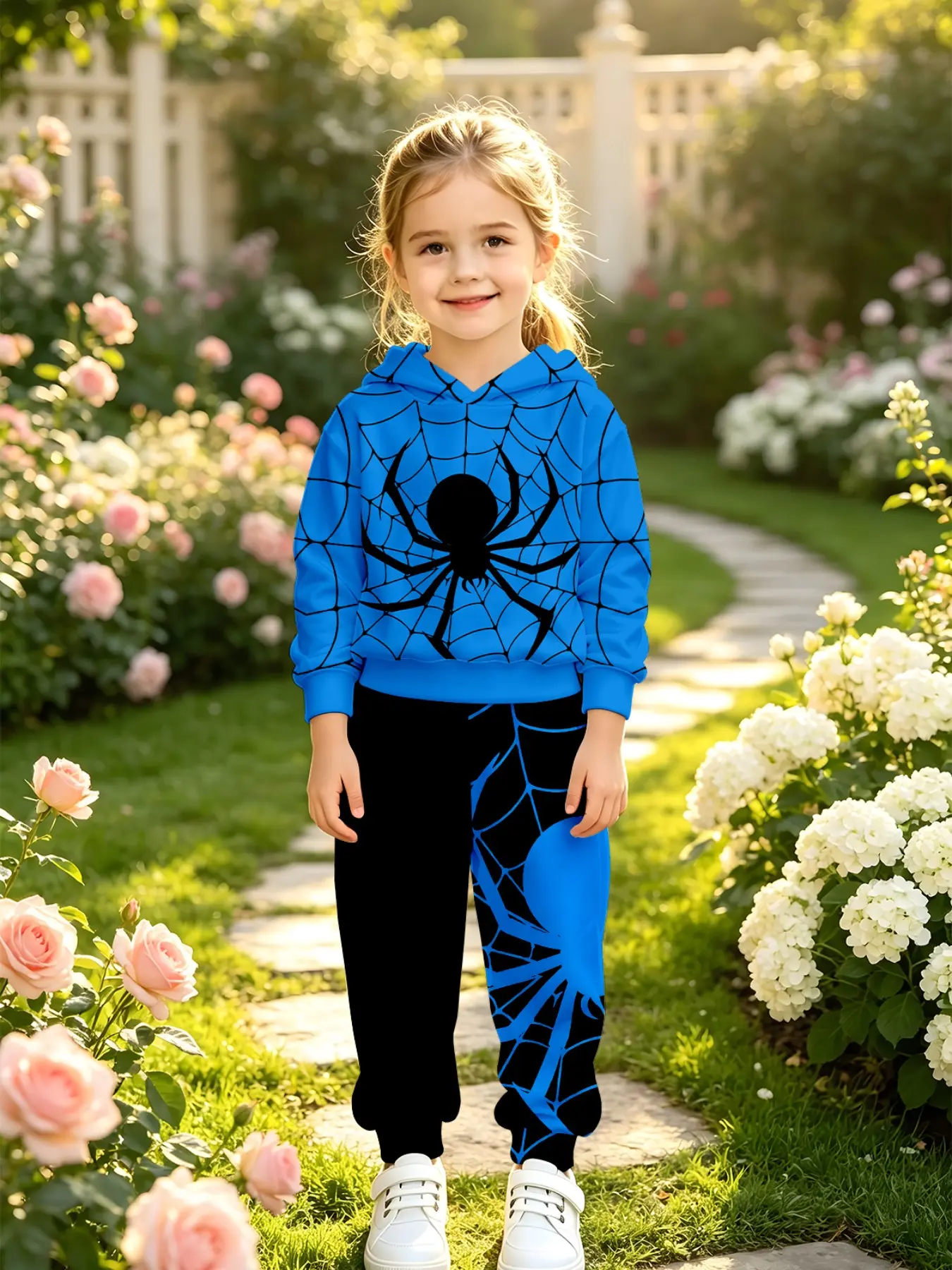 Bright Blue Spider Pattern Hoodie Set, Trendy Animal Print Kids Daily Wear, Casual Long Sleeve Sweatpants, Fall & Winter Fashion