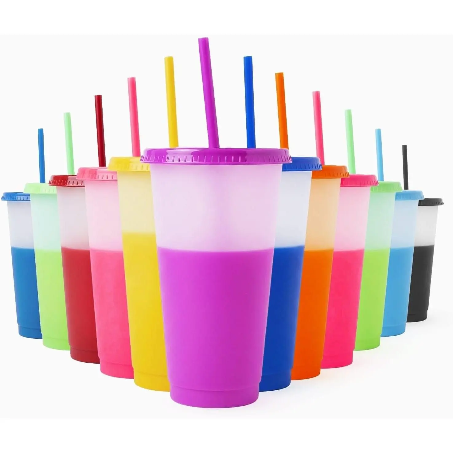 24 Oz Color Changing Cups with Lids and Straws, 12 Pack Reusable Cold Coffee & Smoothie Tumblers, 12 Multicolor Iced Drink Cups