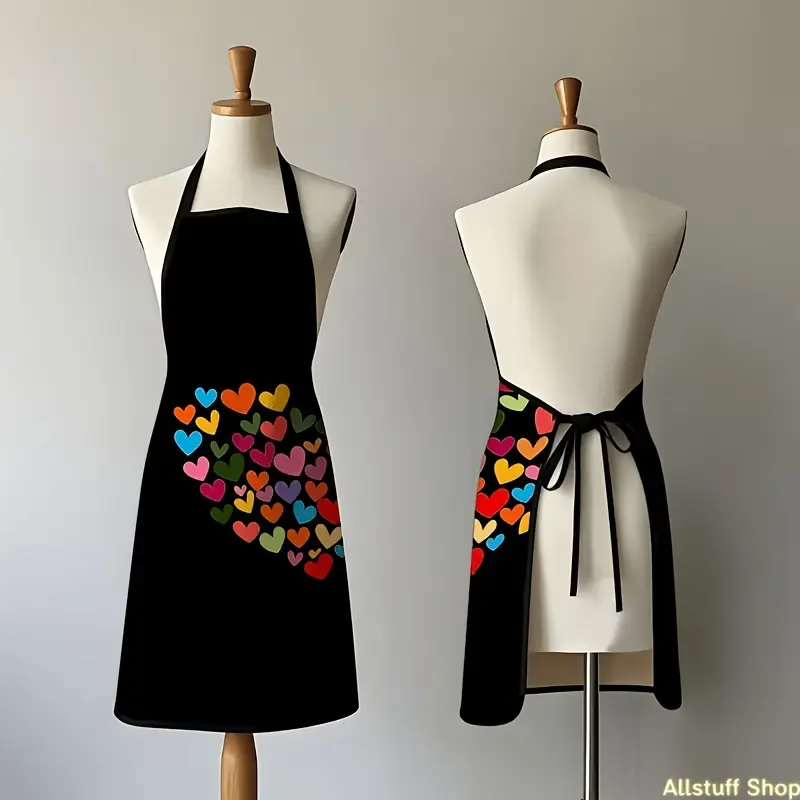 1pc Heart Pattern Apron, Home Apron, Suitable for BBQ, Painting, Artist, Cooking, Baking, Printed with Colorful Small Heart Patchwork Romantic Overflowing Pattern, Can Be Used for Bakery, Party, Coffee Bar, Home, Gardening, Kitchen, Restaurant