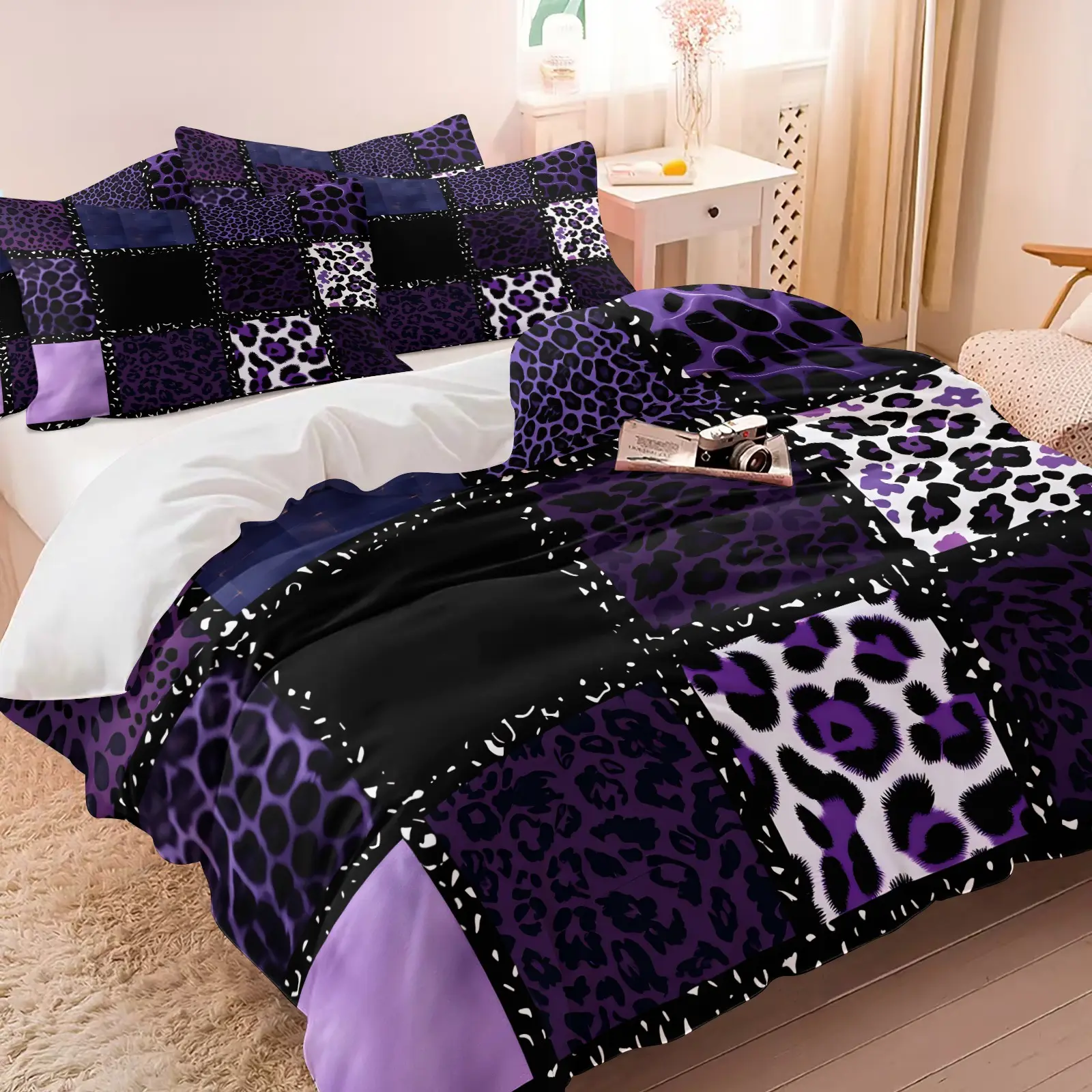 Hot Girl Style Purple & Black Leopard Print Decorative Duvet Cover Set, 1-2 Coreless Pillowcases, Soft Skin-Friendly Breathable, Vintage Cheetah Pattern, Unique Gift, Perfect For Dark Punk Gothic Bedroom Decoration
