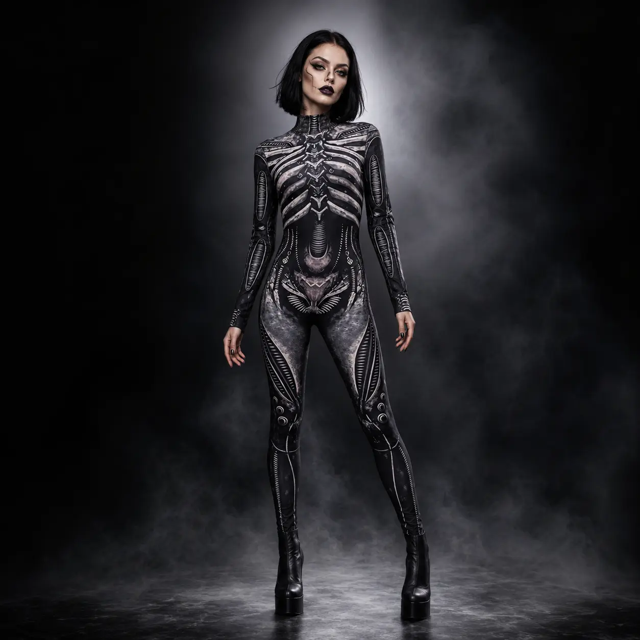 Women’s Gothic Cupro Fabric Anatomical Art Skeleton Printed Long-Sleeve Mock Neck Full Body Suit - Halloween Party Costume with Coordination Accessories for Cosplay Events