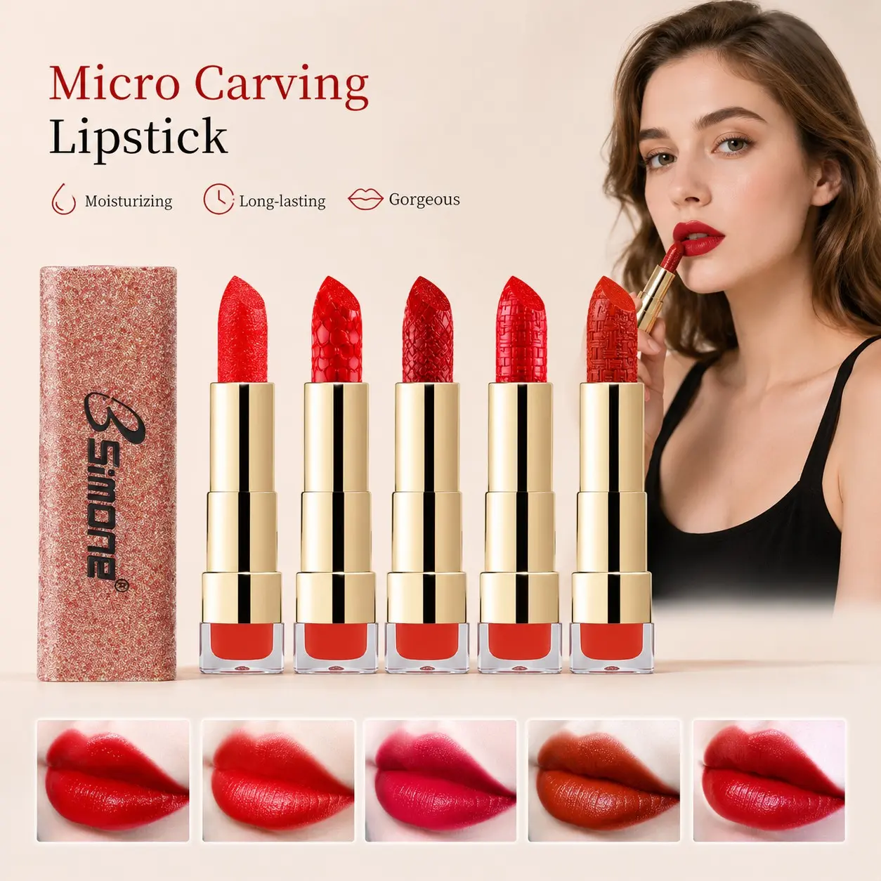 5Pcs Fashion Carved Pearlescent Lipstick, High-Saturation Red Tone Highly Pigmented Lip Color, Infused With Metallic Glitter Shimmer Glossy Finish, Hydrating & Moisturizing, Creates Luminous Atmosphere Lip Makeup