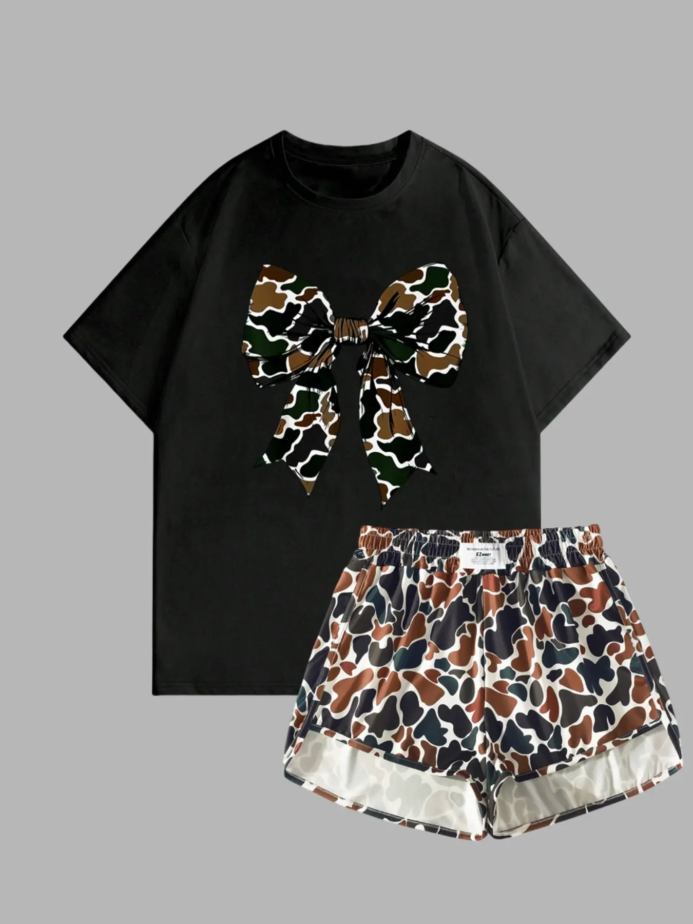Women's Summer Camo Bow Camouflage Print T-Shirt and Shorts Set, Casual Loose-Fit Round Neck Short Sleeve Top, Streetwear Home Wear Matching, Casual Lounge Sets