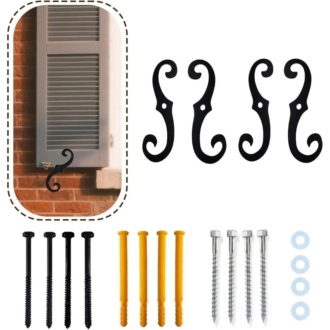 4 Pcs 6.5" Black S Shaped Shutter Fasteners (Shutter Dogs), Decorative Exterior Window Hardware for Outdoor Shutters