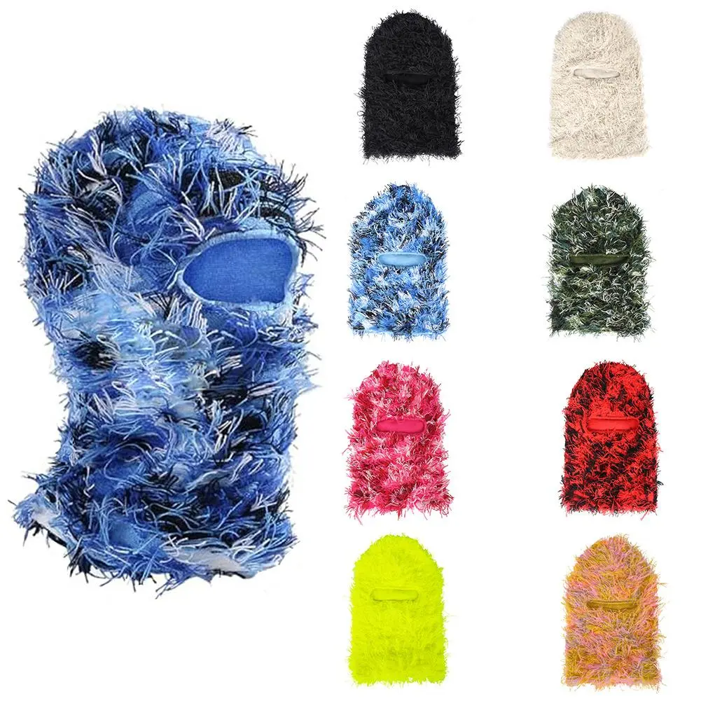 Shaggy Fuzzy Knitting Yarn Balaclava Hat for Men Women, Convertible Flip Up Design Can Be Used As Street Beanie, Windproof Warm Personality Distressed Knitted Ski Mask, Y2K Hip Hop Street Style Headwear