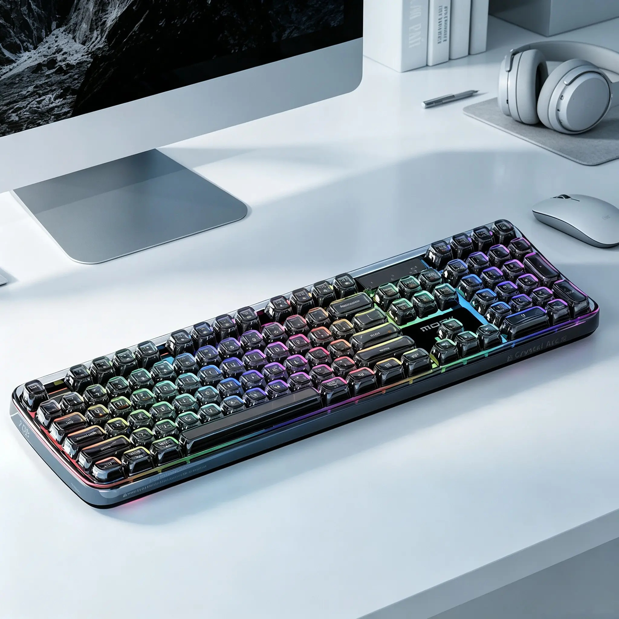 MOFii 708 Cool Black Transparent Crystal Tri‑Mode Wireless Keyboard, RGB Backlit Full‑Size Membrane Keyboard for Office & Gaming, Rechargeable
