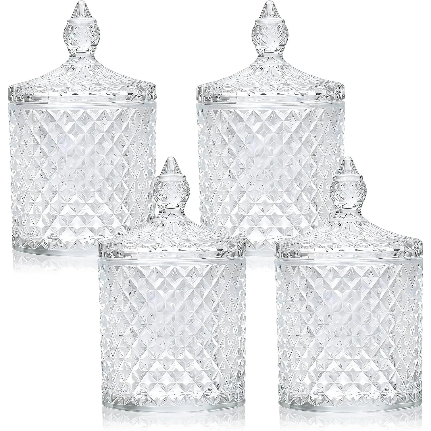 4 Pack Crystal Glass Apothecary Jars with Lids, Diamond Cut Qtip Holder Set for Bathroom Vanity, Cotton Swab & Ball Storage Containers, Decorative Candy Jars for Kitchen, Bar & Home Decor, Jewelry
