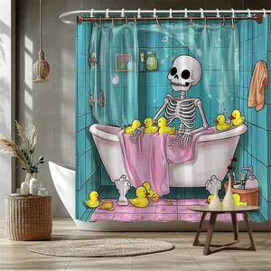 1pc Funny Skeleton in Bathtub Shower Curtain with Yellow Duckies And Teal Tiles, Machine Washable Polyester Fabric, Spooky-Fun Bathroom Decor with 12 Hooks - Quirky Halloween Or Housewarming Gift for Playful Homeowners