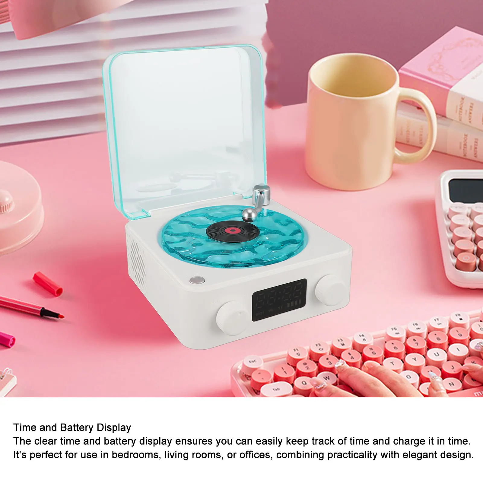 Vintage Compact Portable Record Player - Wireless Bluetooth, Video Capability, Charging Function, Cordless, RGB Bar, Deep Bass, Crystal-Clear Sound, Multiple , AUX Connection, MagSafe , Volume Knob for Office Use vinyl speaker  input computer