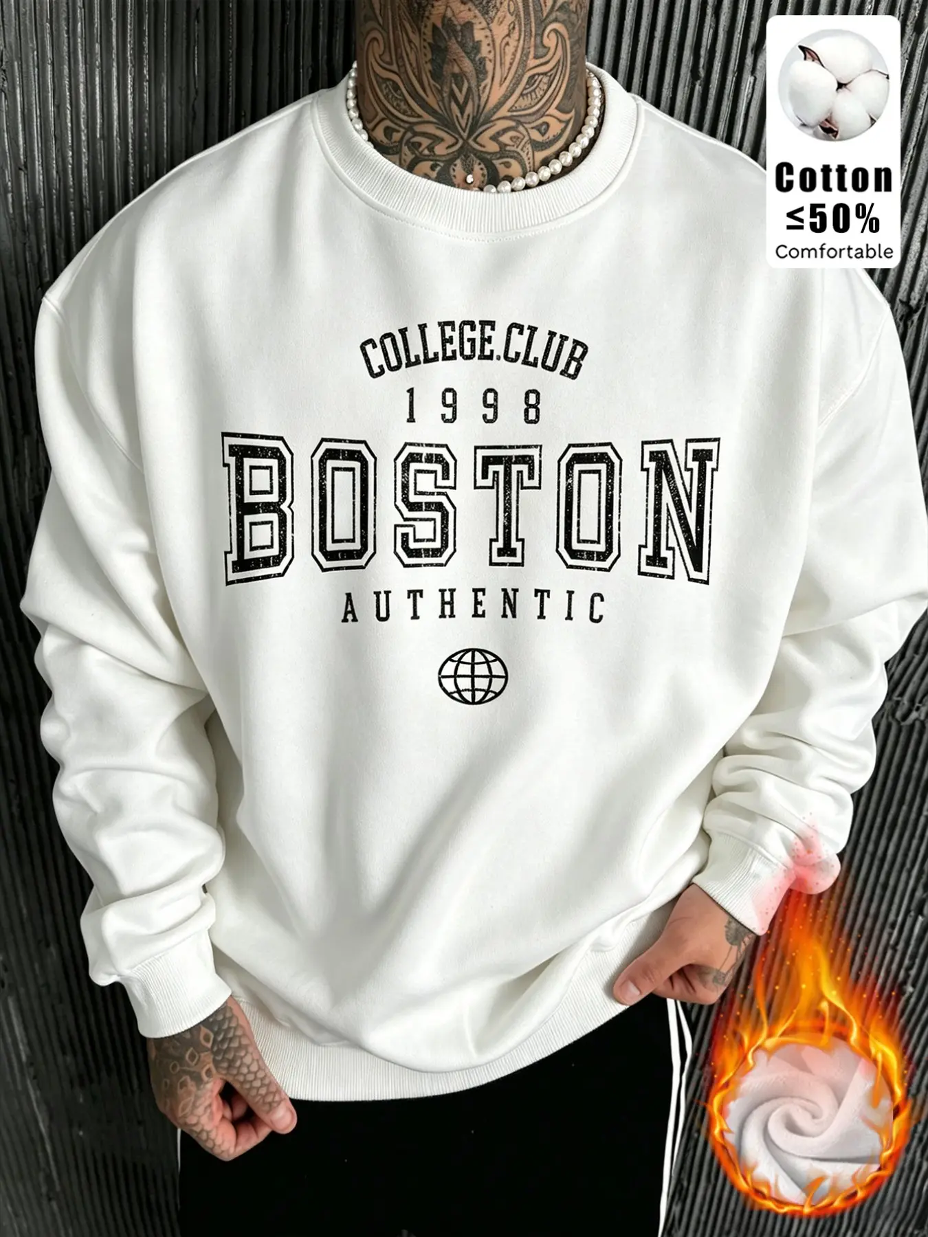 Unisex Vintage College Club Boston Pattern Sweatshirt, Round Neck, Long Sleeve, Casual Streetwear, Warm Fleece Lining, Letter Earth Print