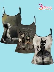 3-Pack Women's Gothic Style Crop Top, Summer New Arrival, Artistic Hand-Drawn Print, Slim-Fit, Streetwear, Cat Pattern, Casual Wear