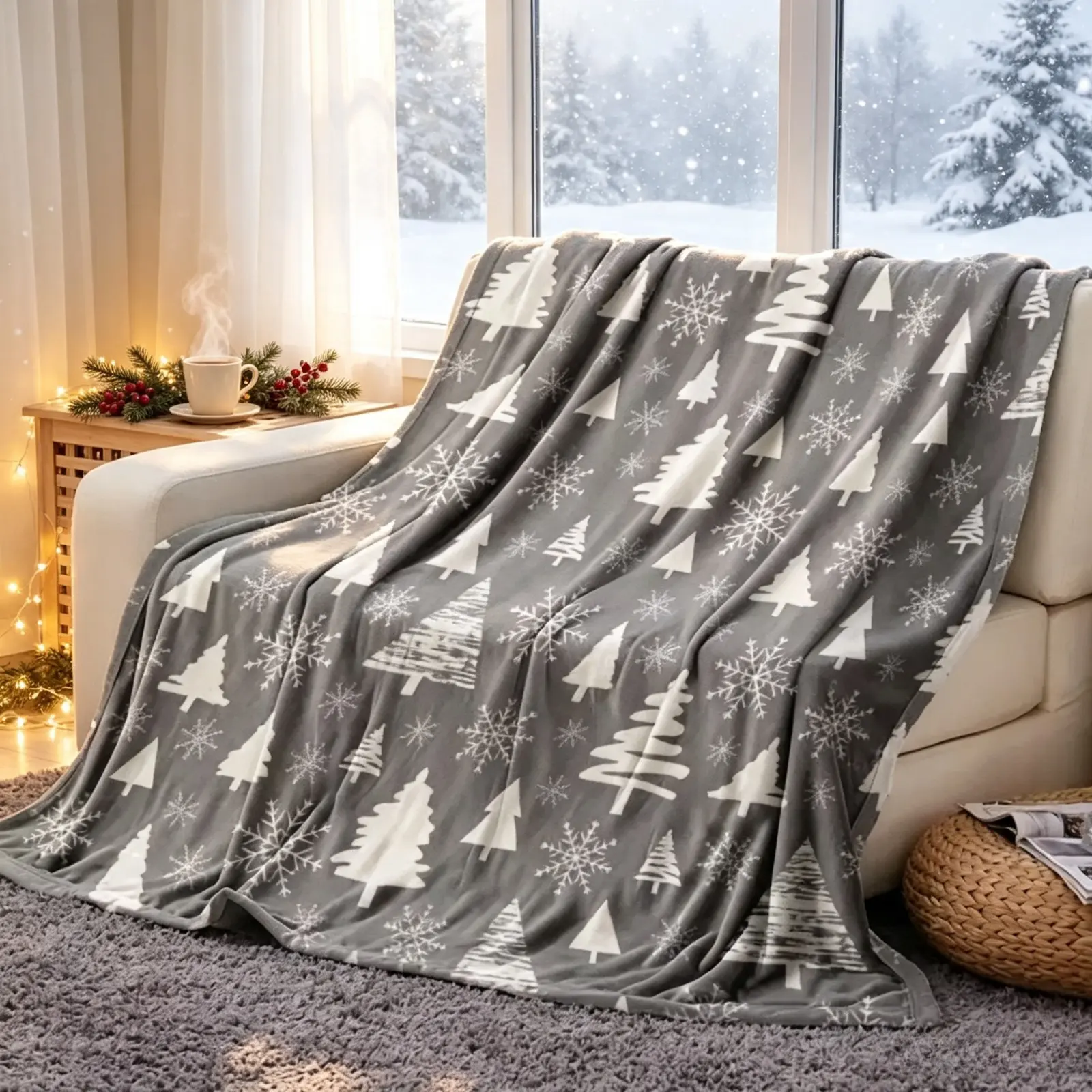 Christmas Gray Tree Snowflake Flannel Blanket, Winter Holiday Fleece Throw Blanket, Soft Cozy Warm Blanket for Kids Adults, AC Blanket for Sofa Bed Bedroom Living Room Christmas Decor Gift