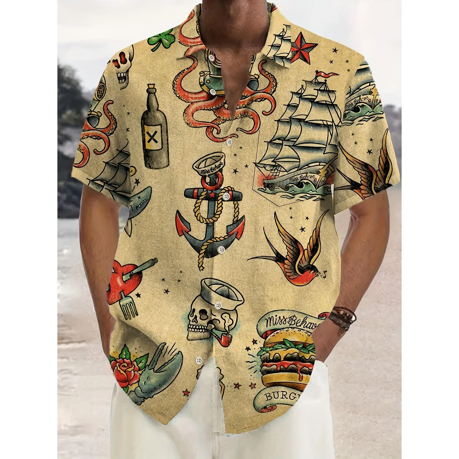 Men's casual Hawaiian men's top retro skull print short-sleeved button shirt, Elastane, Polyester Blend, Short Sleeves, Retro Look, Fitted Cut, 3D Skull Graphic, Garment, Collared Neck, Tropical, All Over Printed, Retro Theme