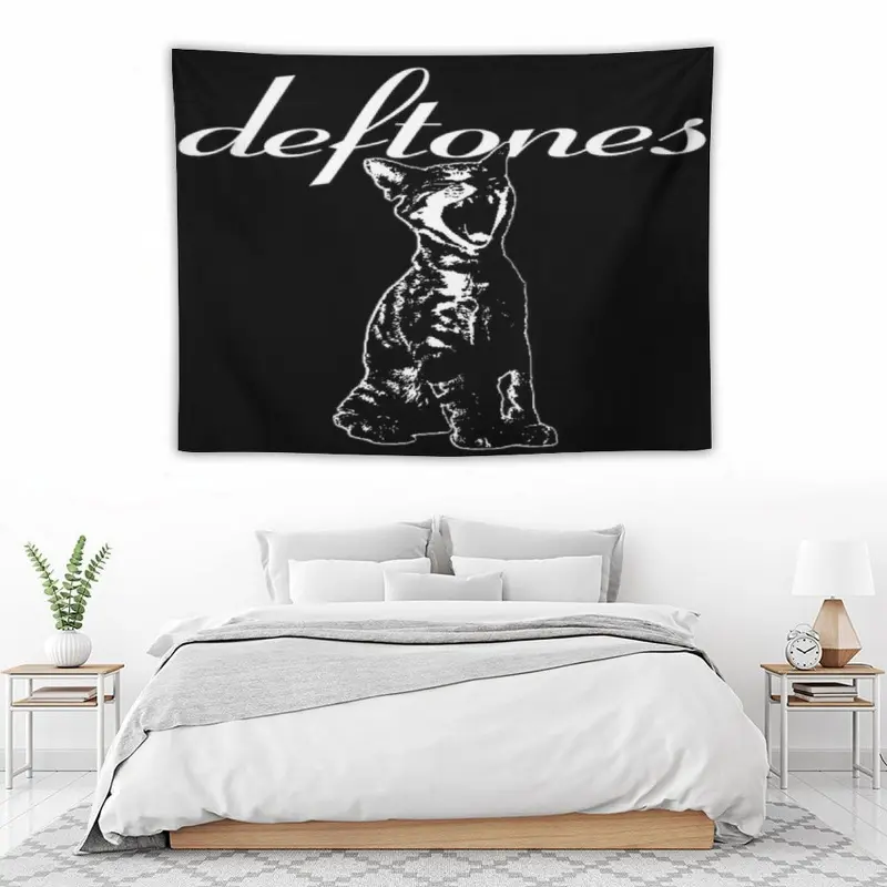 Deftones Cat Logo Black Graphic Wall Tapestry for Adult Fans, Mid-century Modern Black Flash Rock Art, Y2K Y3K Aesthetic Room Decor, 1980s Retro Cinematic Bedroom Flag for Grunge Gothic Teens Gen Z