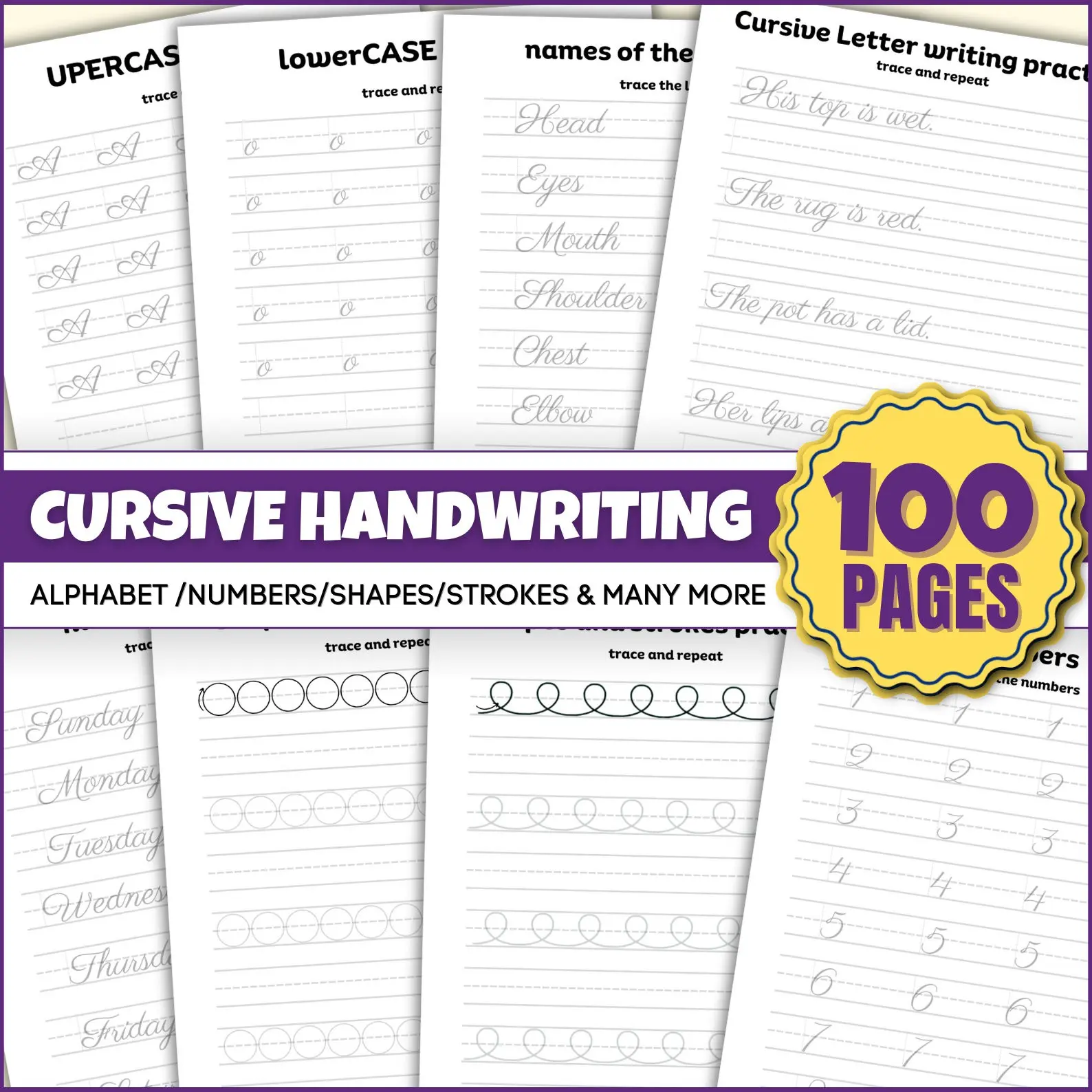 Cursive Handwriting Practice Worksheets for Kids, 100 Pages of Fun Alphabet Tracing, Penmanship Workbook for Children, Educational Activity Book