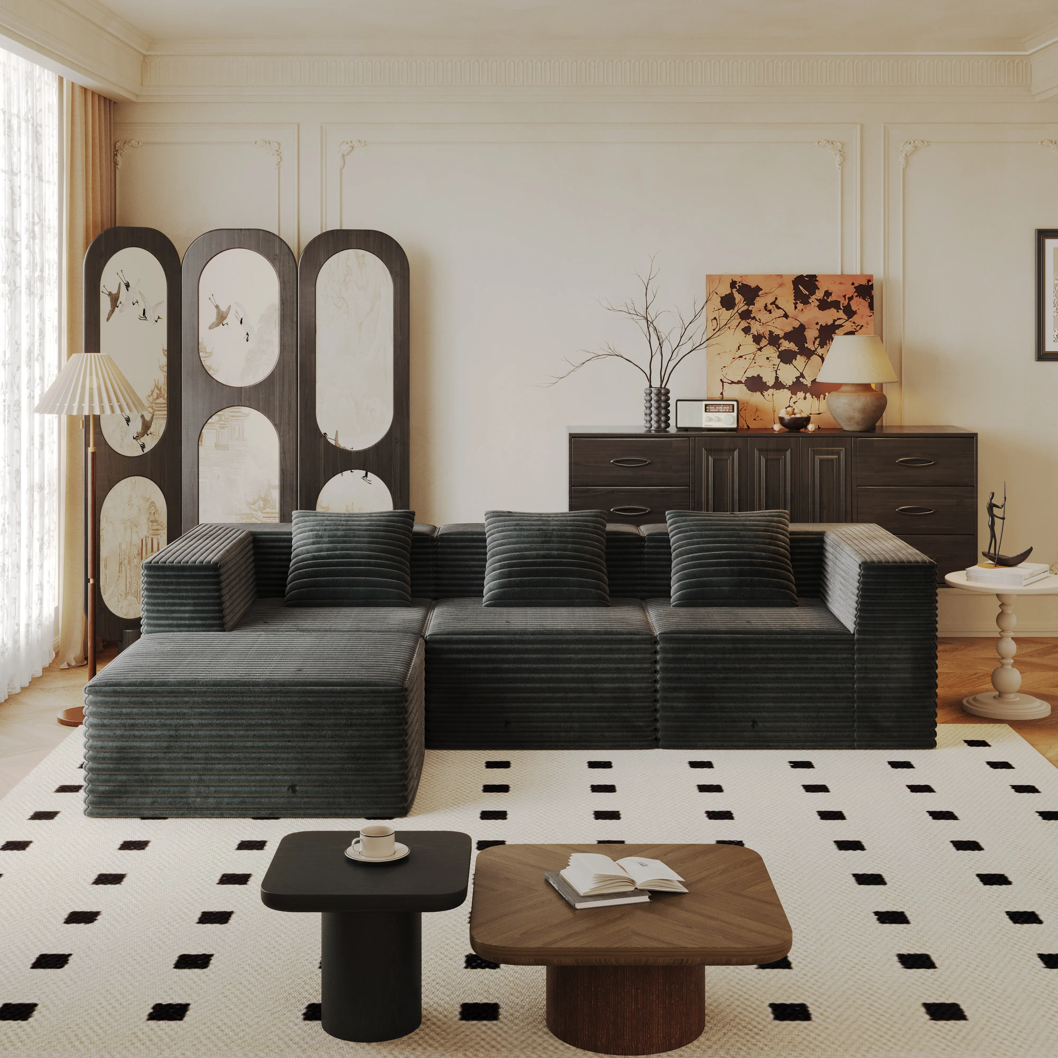 ARCH Modular Sectional Couch Boneless Sofa with Deep Seat High Density Memory Foam Compression Sofa for Living Room Bedroom Apartment No Assembly Required Grey 3 Seat Plus Ottoman, Living Room Furniture for Apartment, Lounge, Family Room