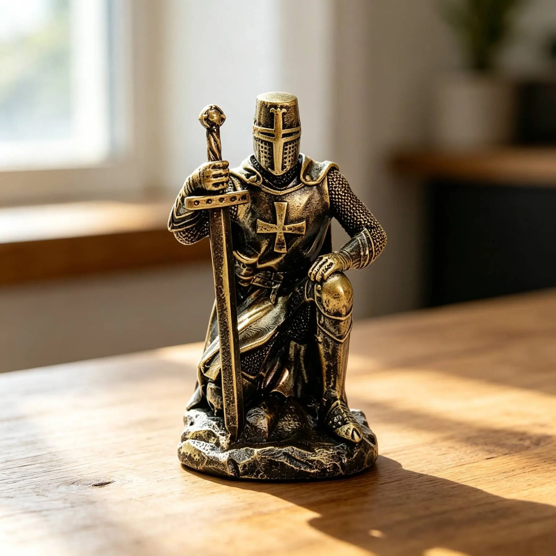 1pc Vintage Medieval Knight Resin Sculpture, Black & Golden Kneeling Crusader Ornament with Cross-Patterned Helmet and Sword, Gothic Style Tabletop Decor, Man Cave Furnishing, Holiday Collectible Gift