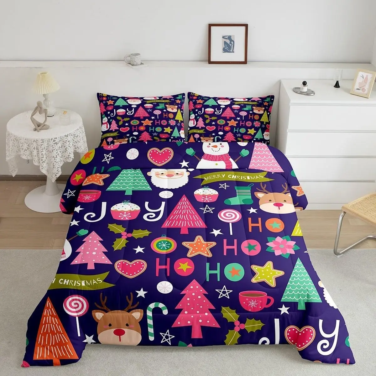 3pcs Christmas-Themed Bedding Set, Santa & Snowman Design, Includes Quilt & 2 Pillowcases, Perfect for Kids & Adults, Festive Decor