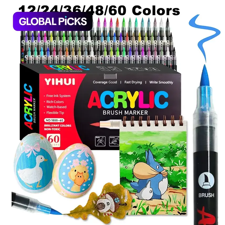 12/24/36/48/60-Color Acrylic Paint Pens, Brush Tip Markers for Wood, Glass, Rock Painting & DIY Crafts, Refillable Art Materials, Art Supplies #GLOBAL PICKS