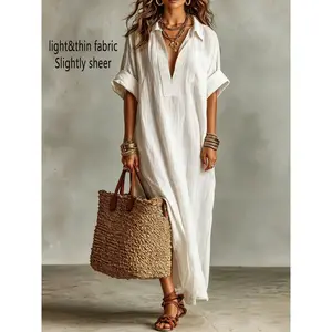 Linen Long Shirt Dress, Breathable Natural Linen Fabric, Embroidered Front Detail, Casual Boho Style, Perfect for Beach Vacations