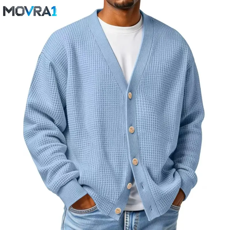 MOVRA1 Men's V-Neck Loose Fit Solid Color Long Cardi Knit Outerwear, 2026 Autumn-Winter Warm Rib Hem Versatile Sweater