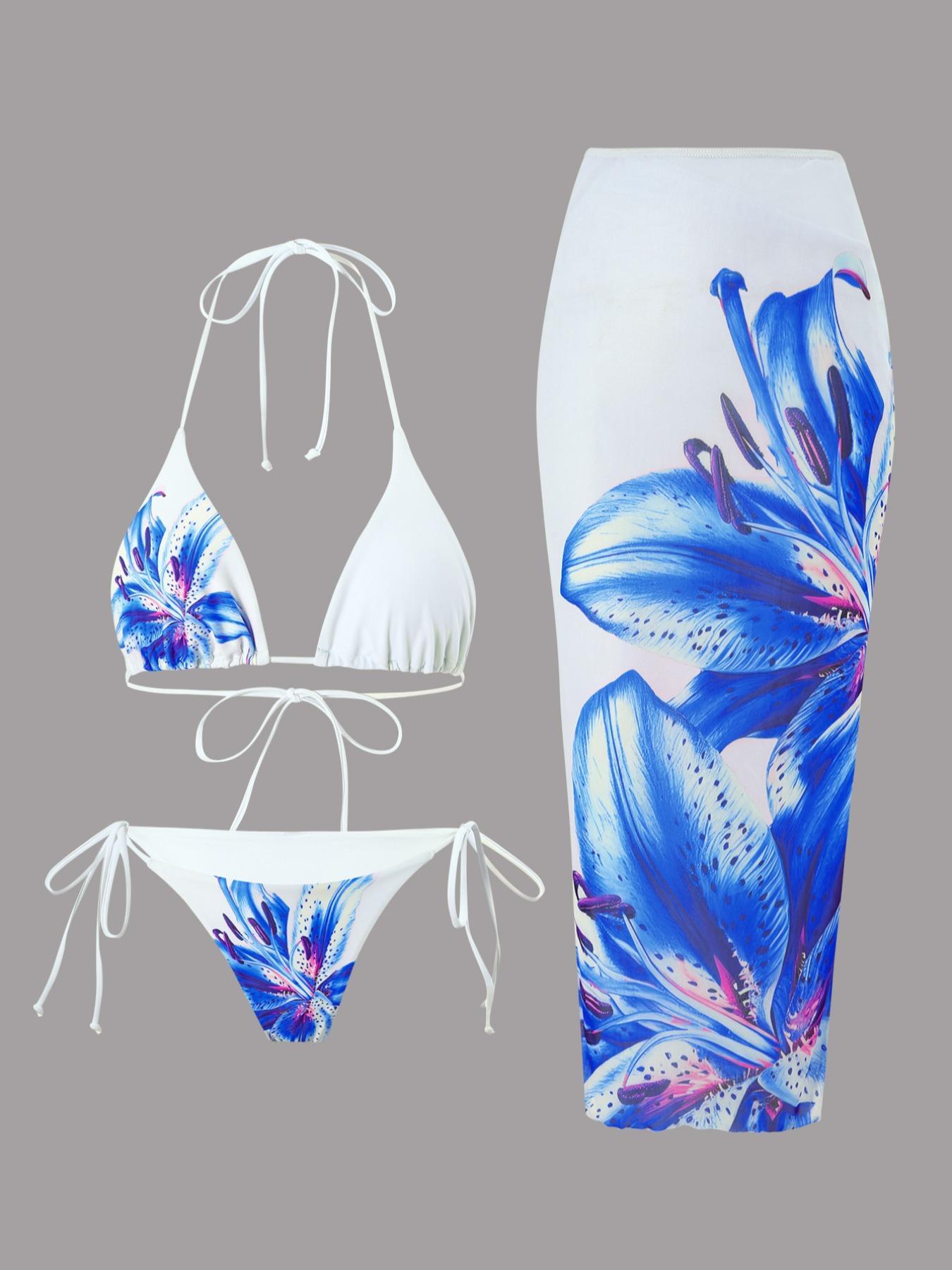 Women's Floral Print Halter Bikini Set, Tie Back Swim Bra & Tie Side Swim Panty & Cover Up Skirt Set, Swimming Swimwear Set for Beach Holiday Vacation, Y2k Bathing Suit, Floral Print Swimsuits, Summer Swimsuit Set